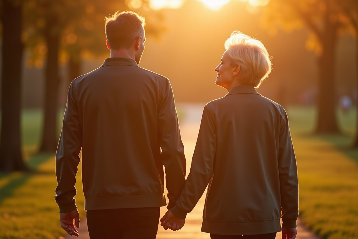 Couple dans la quarantaine se promenant au parc au coucher de soleil