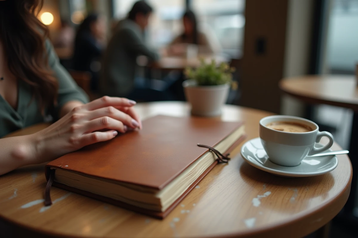 Mains d'une femme fermant un journal intime dans un café, symbole de la protection de la vie privée face à l'intérêt public