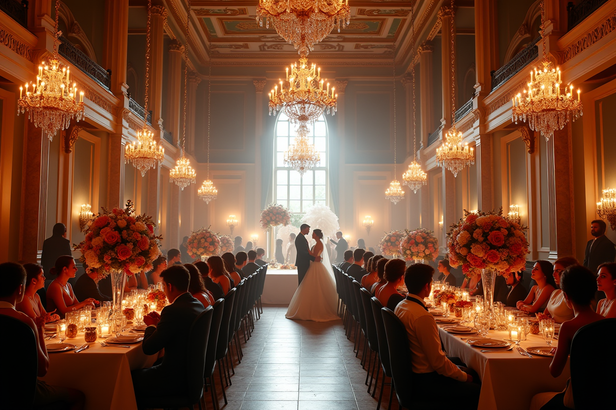 Réception de mariage dans un château européen avec décoration élégante