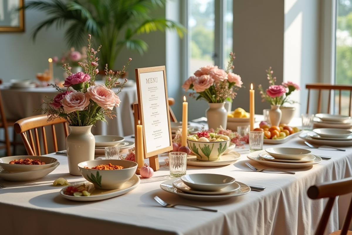Réception de mariage intérieure avec plats colorés et décor pastel