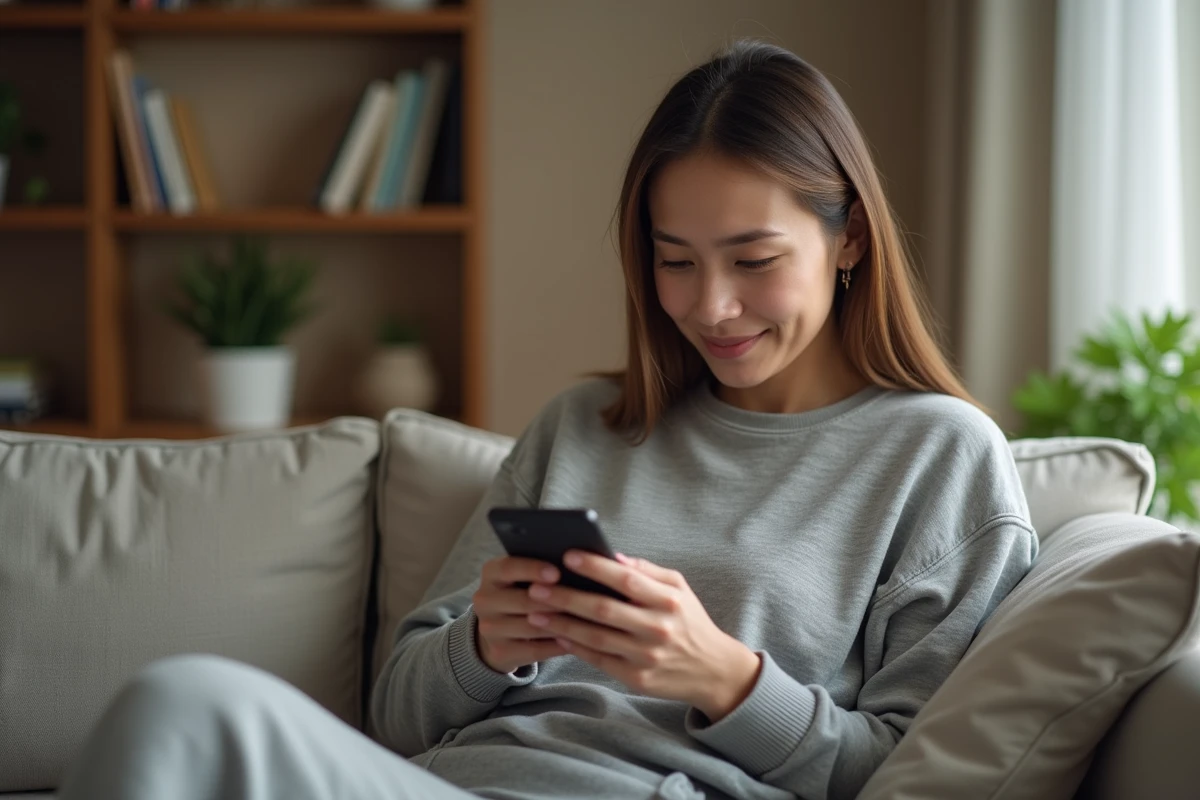 Femme parcourant son téléphone sur un canapé, représentant la recherche de renseignements personnels sur des célébrités comme Pauline Sanzey