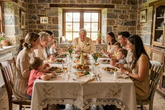 Grande tablée de famille multigénérationnelle pour un repas de noces d'or dans une ferme en pierre, couple de septuagénaires entouré d'enfants et petits-enfants riant autour d'un long buffet décoré de fleurs des champs