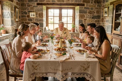 Grande tablée de famille multigénérationnelle pour un repas de noces d'or dans une ferme en pierre, couple de septuagénaires entouré d'enfants et petits-enfants riant autour d'un long buffet décoré de fleurs des champs
