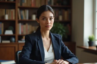 Femme juriste assise dans un bureau privé entouré de livres, illustrant le respect de la vie privée des personnalités publiques