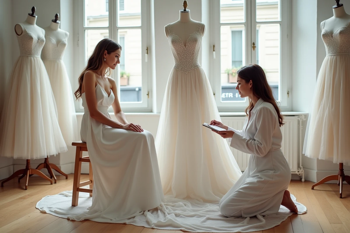 Petite mariée assise sur un tabouret lors de retouches de robe de mariée chez une couturière, tenant une check-list de mariage