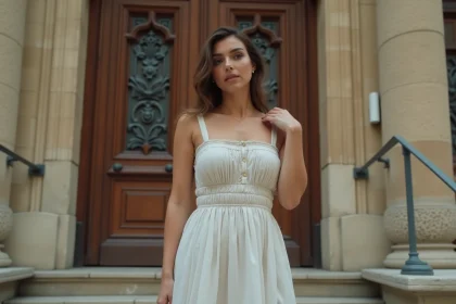 Femme en robe ASOS mal ajustée devant une mairie française, illustrant les erreurs de style à éviter pour un mariage civil
