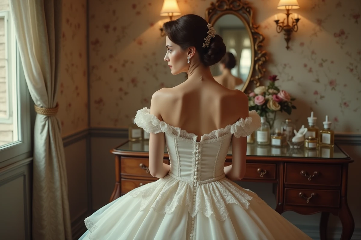 Mariée en robe de bal années 50 en broderie anglaise assise devant une coiffeuse dans un boudoir vintage français