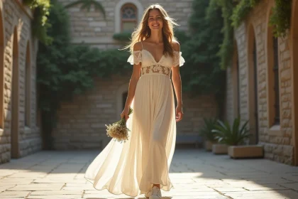 Femme en robe bohème mariage civil ivoire avec baskets blanches dans une cour de mairie en pierre