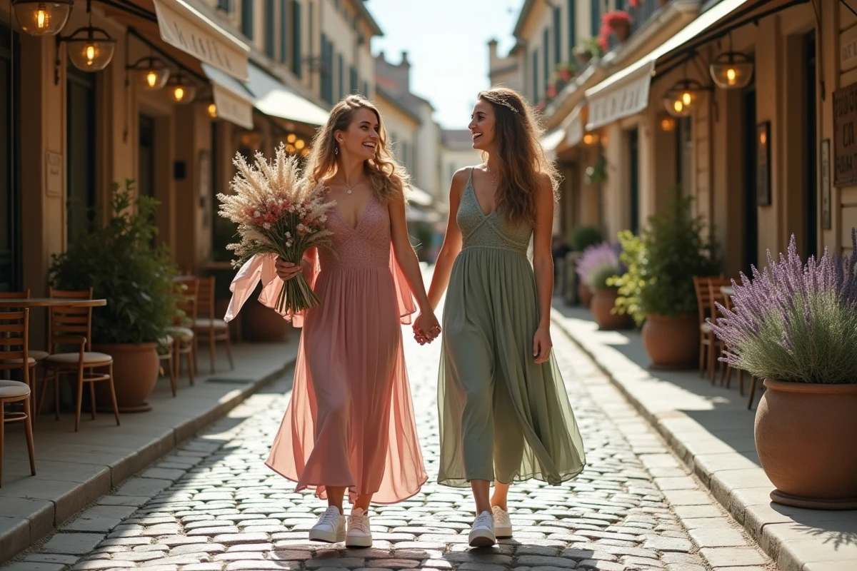 Deux femmes en robes bohèmes mariage civil rose et vert sauge avec baskets sur une rue pavée française
