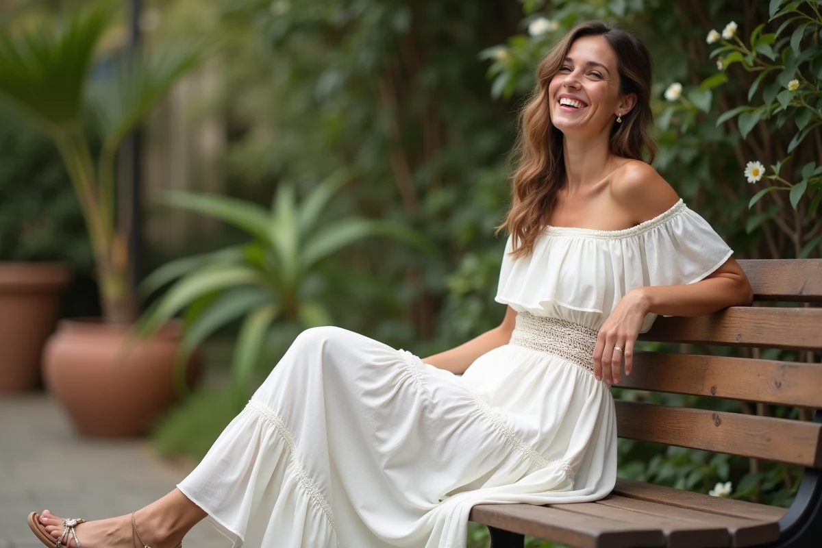 Mariée bohème en robe à volants blancs et sandales plates dans un jardin botanique pour un mariage civil