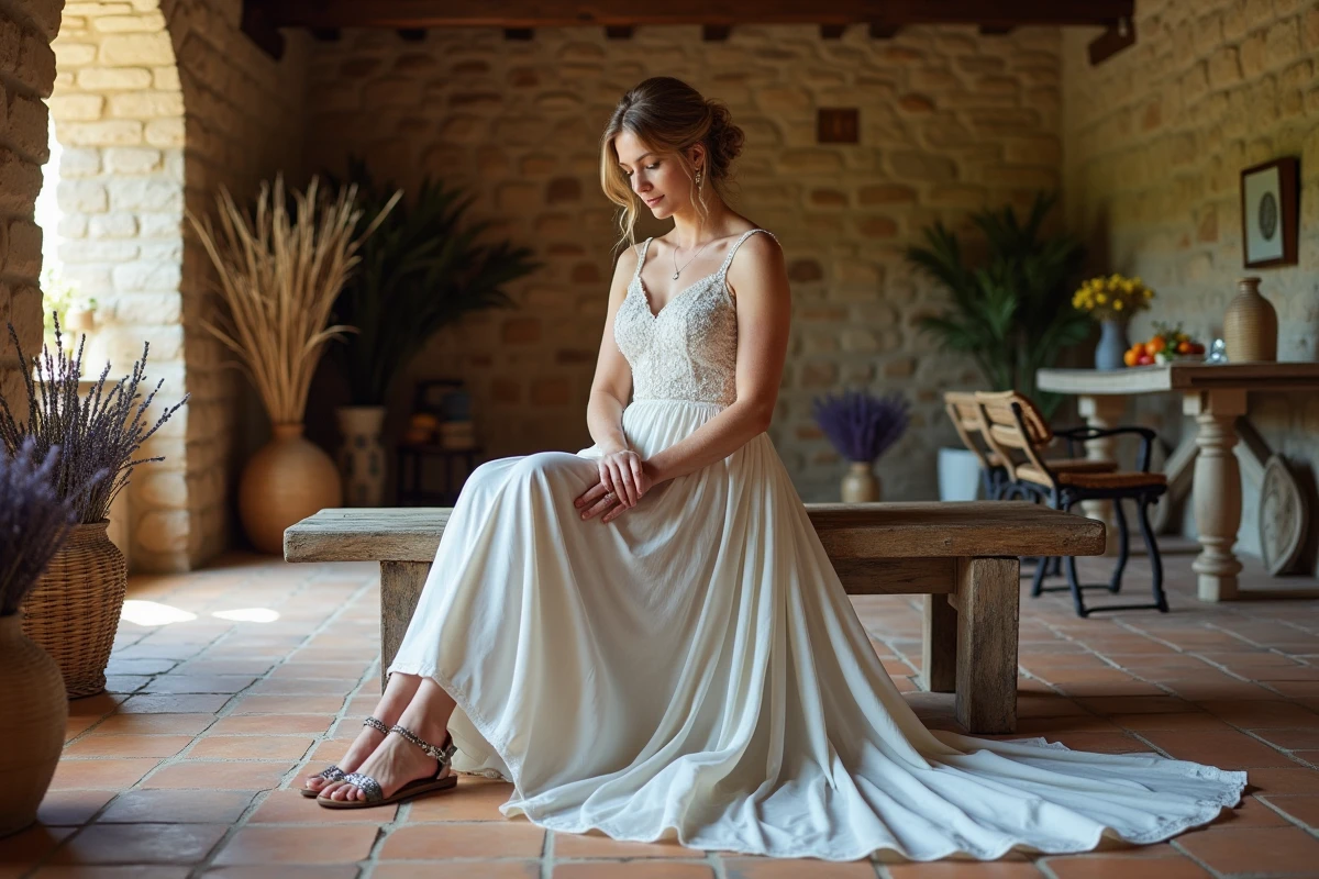 Mariée en robe de mariage bohème ample assise dans une ferme en pierre avec une longue traîne tombant sur le sol