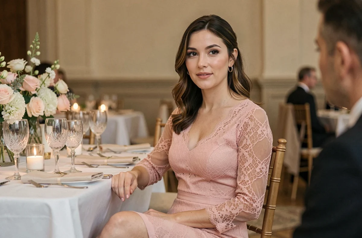 Invitée en robe de dentelle rose lors d'une réception de mariage intérieure, style élégant et discret