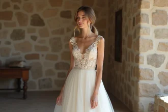 Femme portant une robe empire de mariage en chiffon ivoire avec dentelle brodée dans un atelier parisien en pierre