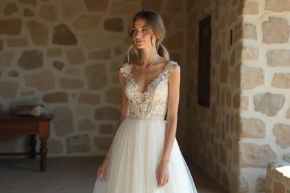 Femme portant une robe empire de mariage en chiffon ivoire avec dentelle brodée dans un atelier parisien en pierre