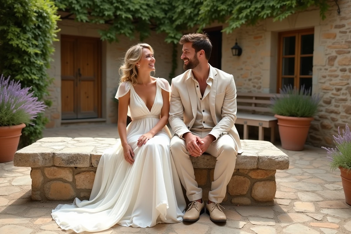 Couple de mariés en robe ivoire en mousseline et costume beige lin assis dans une cour provençale ensoleillée