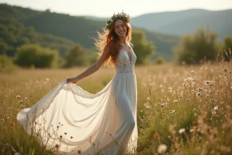 Mariée en robe bohème avec traîne en dentelle marchant pieds nus dans une prairie fleurie le jour de son mariage