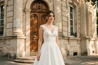 Femme en robe de mariée civile blanche chic devant une mairie française en pierre