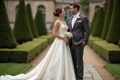Mariée en robe ivoire et marié en costume gris charbon assortis dans un jardin de château français