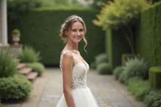 Femme en robe de mariage ivoire dans un jardin
