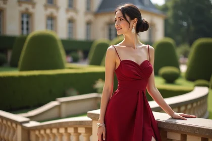 Femme en robe rouge mi-longue élégante pour un mariage dans un jardin de château français en 2026