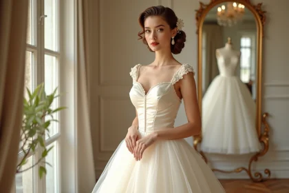 Femme portant une robe de mariée années 50 en satin ivoire avec jupe en tulle dans une boutique de mariage parisienne