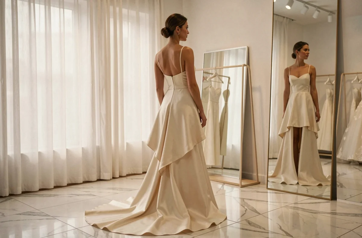 Robe de mariée asymétrique courte devant et longue derrière en satin présentée dans une boutique de mariage moderne