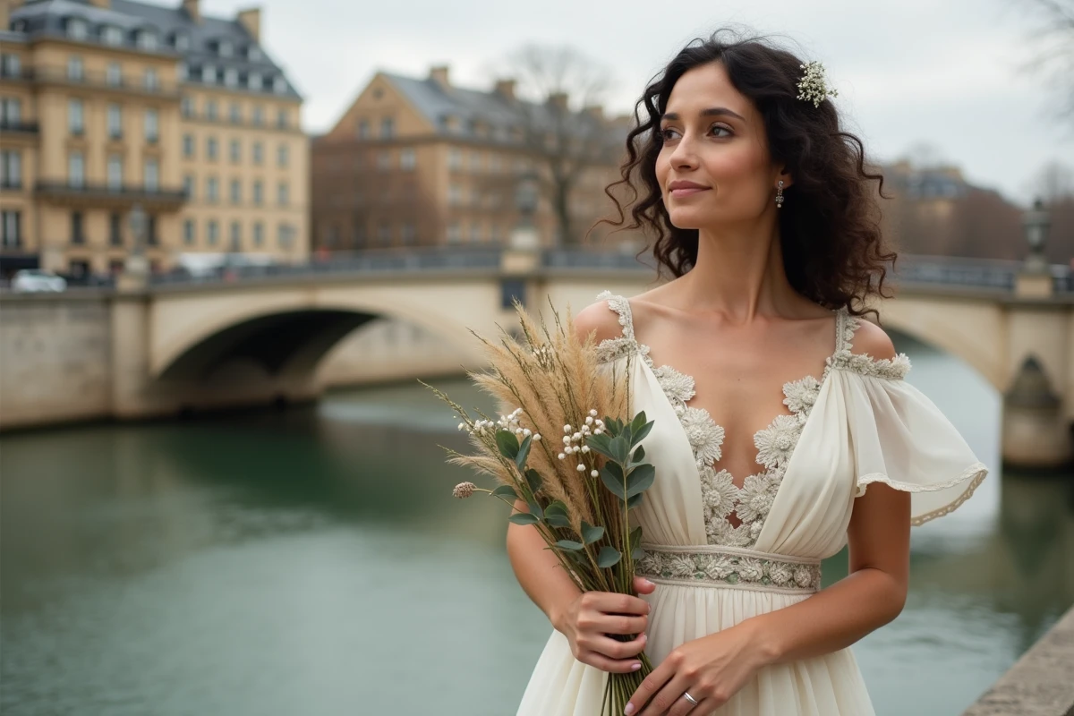 Mariée en robe bohème brodée au bord de la Seine à Paris pour un mariage champêtre pas cher