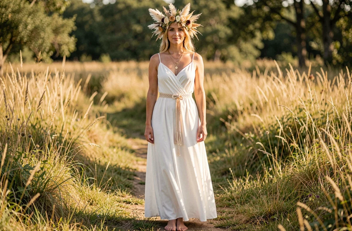 Femme portant une robe de mariée bohème chic faite maison avec couronne florale et ceinture macramé dans un champ naturel
