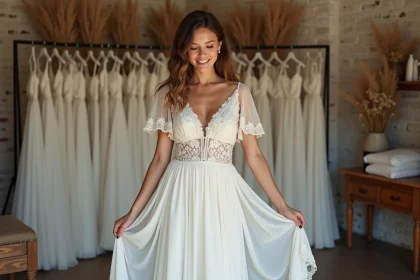 Jeune mariée en robe bohème à dentelle dans une boutique de robes de mariées pas cher à Paris