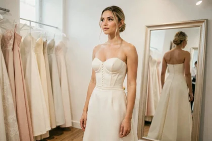 Femme portant une robe de mariée bustier en ivoire devant un miroir dans une boutique de mariage