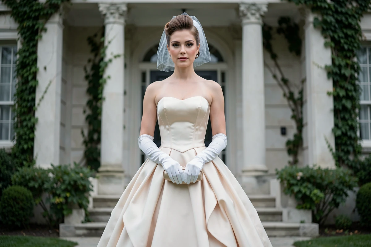 Mariée en robe bustier vintage années 50 avec gants longs, voile et coiffure victory roll devant un manoir en pierre