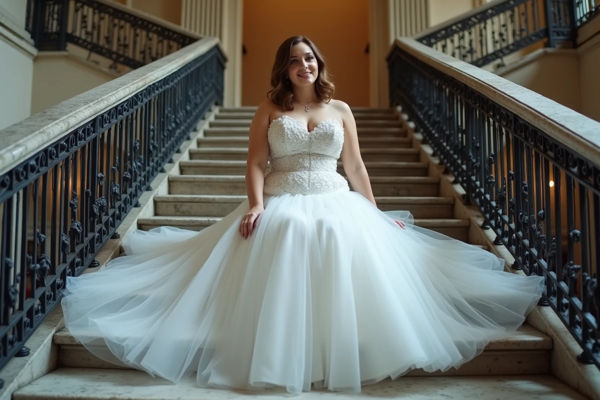 Femme pulpeuse en robe de mariée courte à bustier et jupe en tulle assise sur un escalier en marbre, style Haussmann