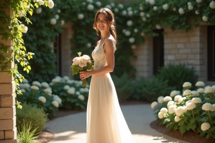 Femme portant une robe de mariée courte coupe A en dentelle dans un jardin fleuri, morphologie sablier mise en valeur