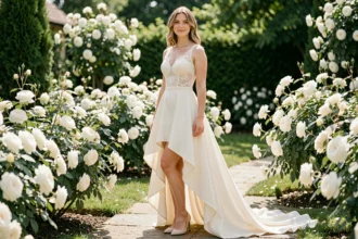 Femme portant une robe de mariée courte devant longue derrière en chiffon dentelle dans un jardin fleuri