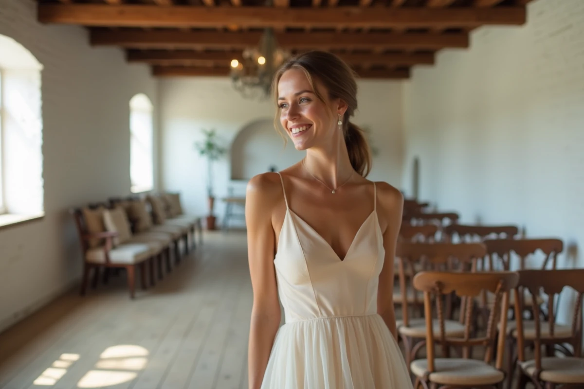 Mariée de petite taille en robe courte à taille empire en mousseline dans une salle de réception rustique