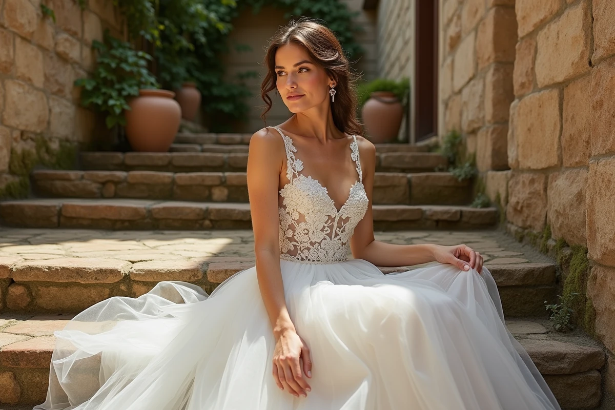 Robe de mariée haute couture en dentelle brodée dans un cortile de villa italienne pour un destination wedding en Toscane