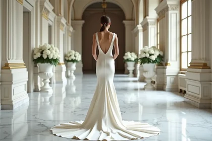 Mariée en robe de créateur en soie ivoire dans le couloir en marbre d'un palace parisien, mariage luxe intimiste