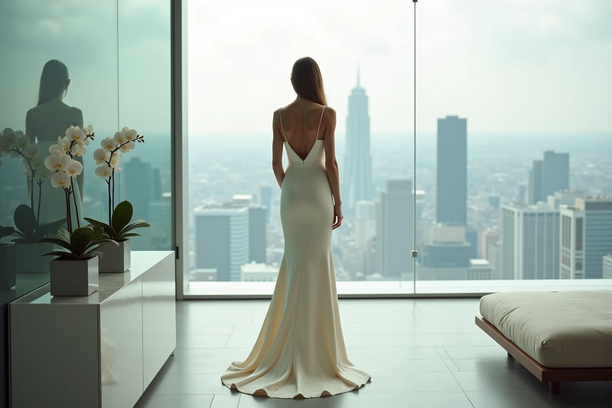 Robe de mariée minimaliste en satin champagne pour mariage intimiste dans un penthouse contemporain avec vue urbaine