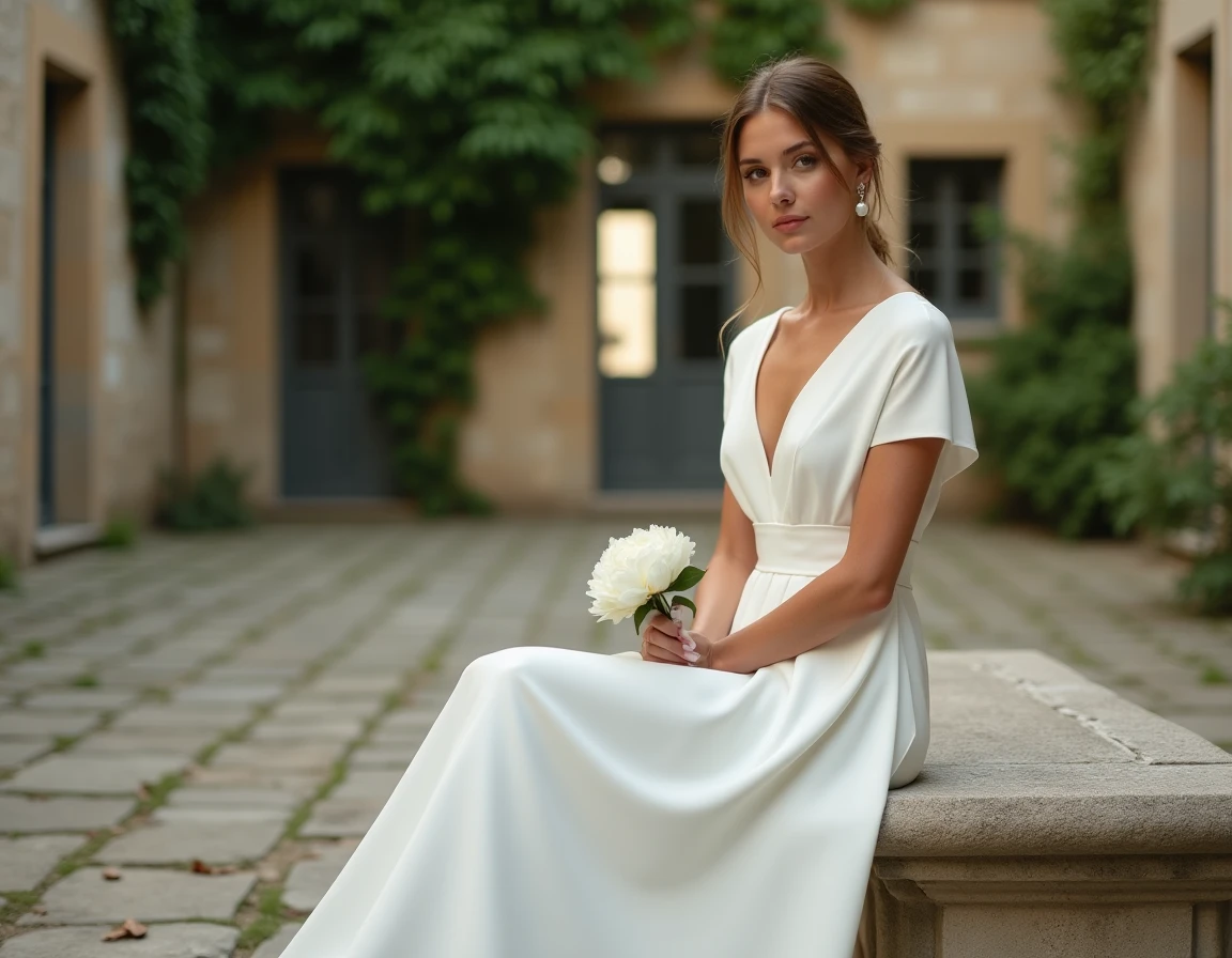 Femme portant une robe de mariée simple en crêpe blanc assise dans une cour de mairie pour un mariage civil élégant
