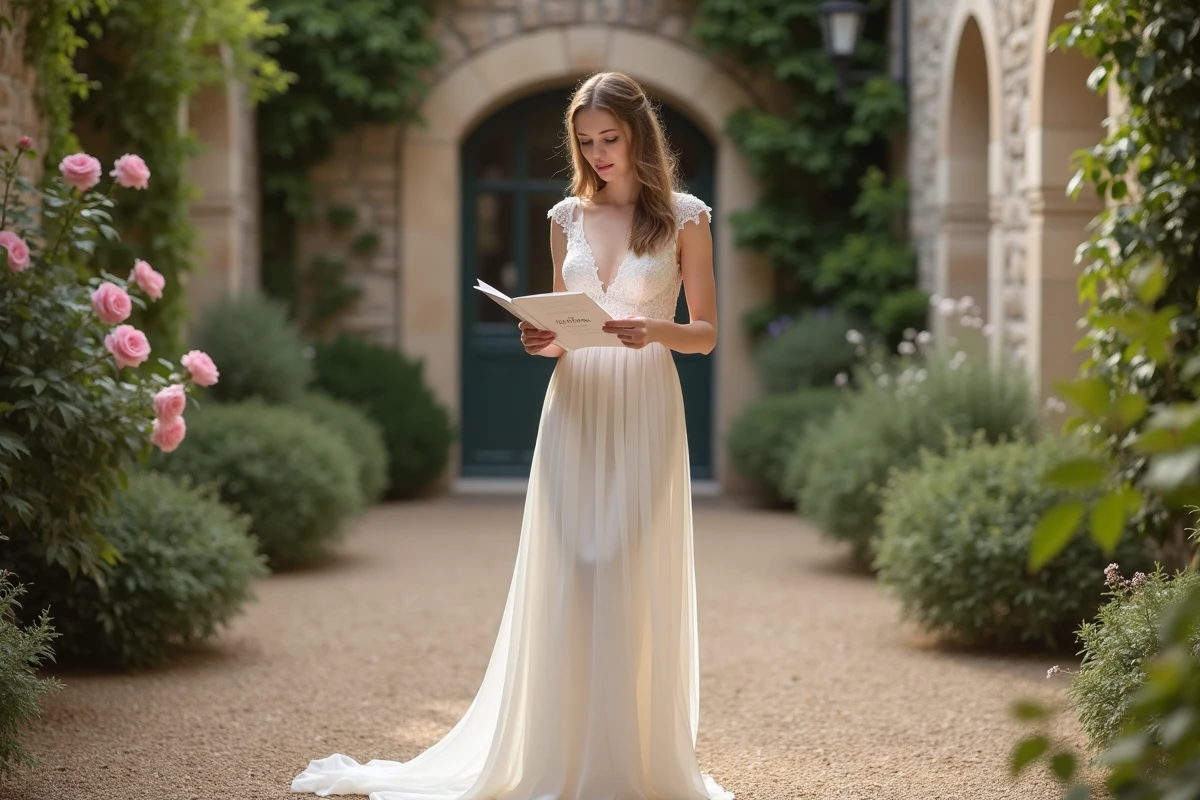 Petite mariée en robe de mariée mousseline empire dans une cour de jardin français, consultant une check-list d'essayage imprimée