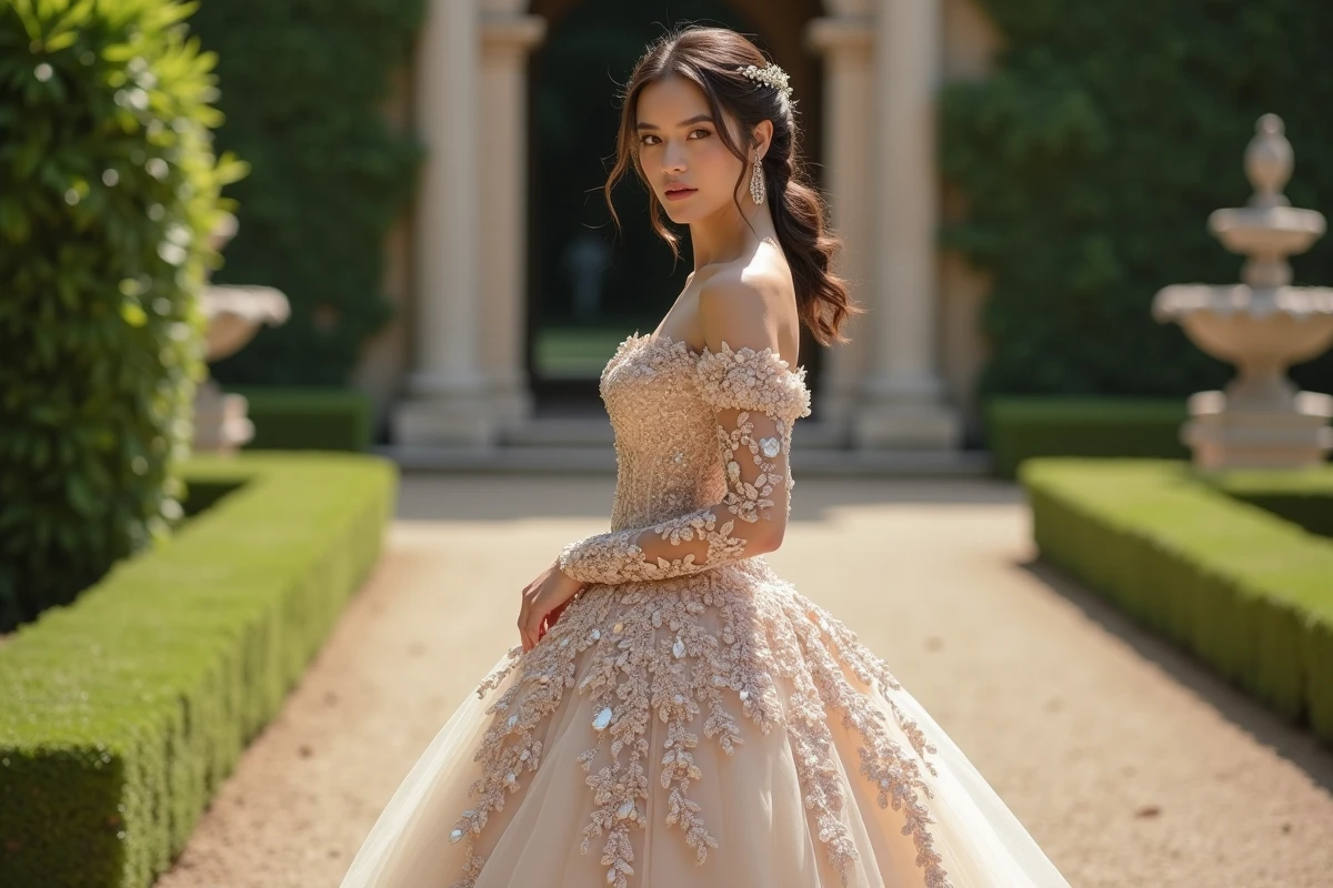 Femme en robe de mariée princesse à sequins et cristaux posant dans un jardin de château formel, allure royale assumée