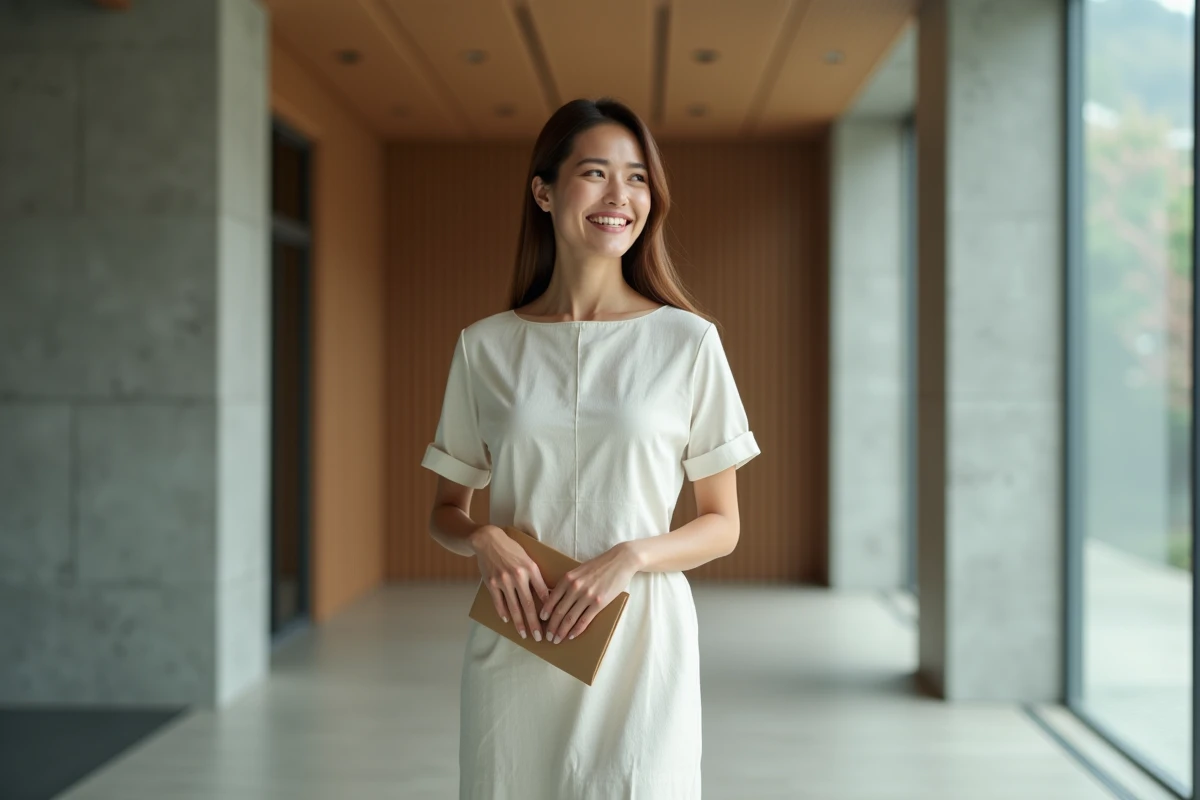Femme portant une robe colonne en lin blanc cassé avec encolure bateau dans une mairie contemporaine pour un mariage civil