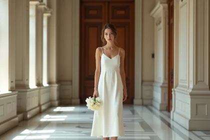 Jeune mariée en robe de mariée simple en satin ivoire dans un couloir de mairie parisienne pour un mariage civil chic