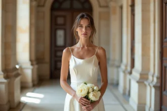Femme en robe de mariée simple en satin ivoire dans un couloir de mairie parisienne pour un mariage civil