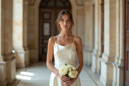 Femme en robe de mariée simple en satin ivoire dans un couloir de mairie parisienne pour un mariage civil