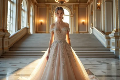Mariée en robe princesse strass et paillettes descendant un grand escalier en marbre dans un palais européen, look royal élégant