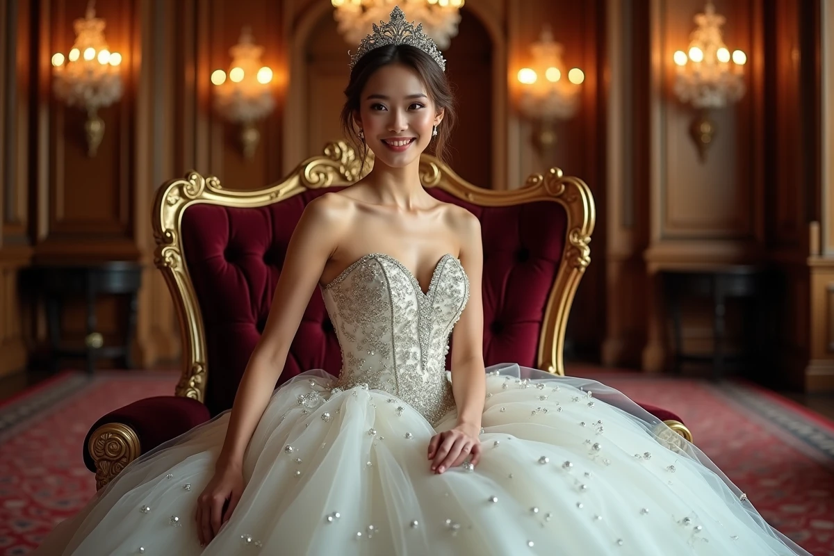 Mariée en robe de soirée princesse strass assise sur un fauteuil trône baroque dans une salle de réception ornée, couronnée d'un diadème