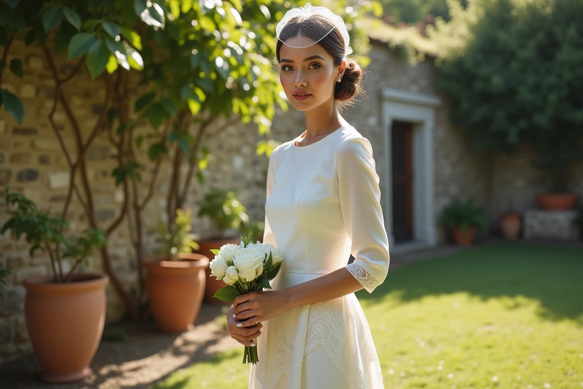 Mariée en robe courte style années 60 avec bouffant et voilette dans un jardin de campagne française
