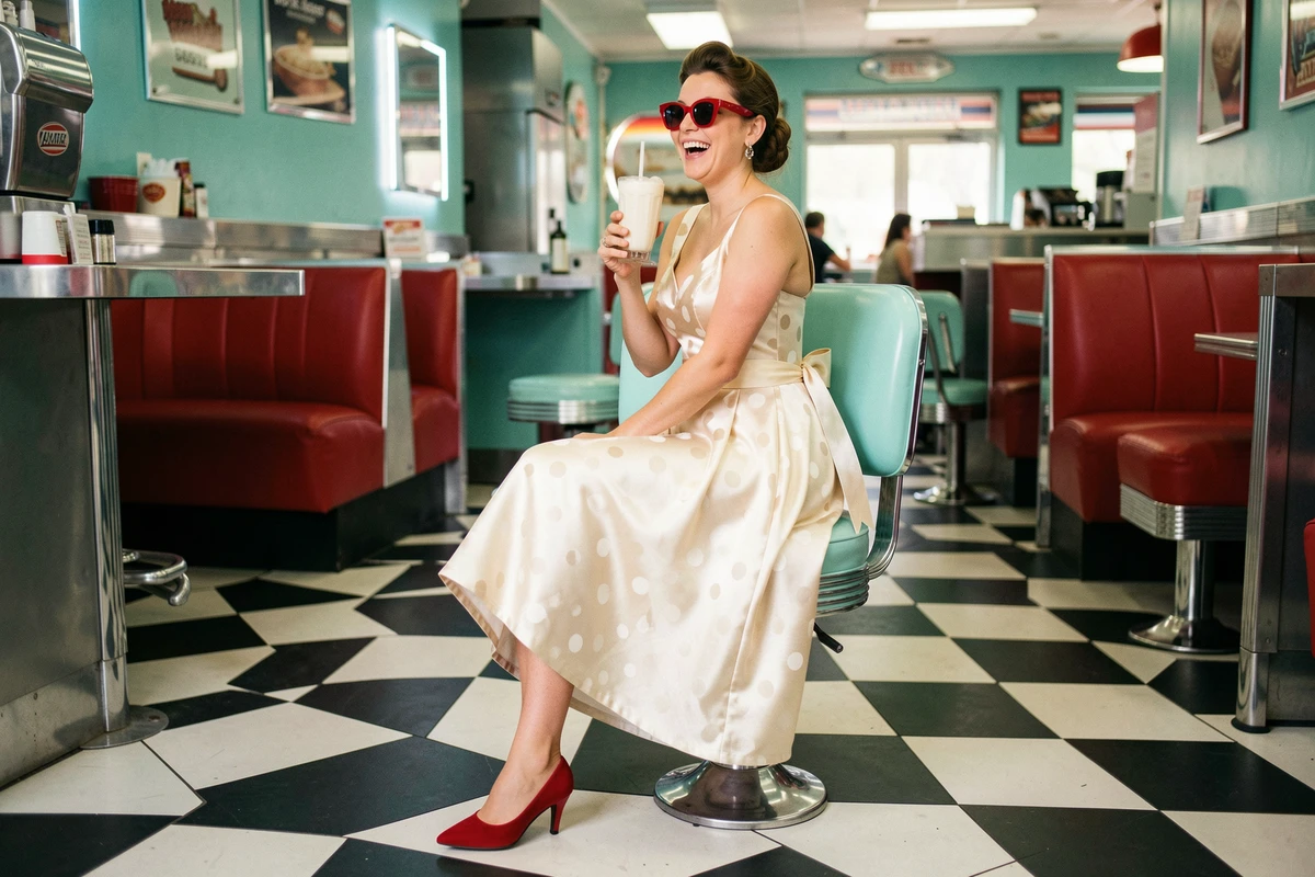 Mariée en robe pin-up années 50 à jupe évasée et nœud satin, assise dans un diner américain rétro avec carrelage damier