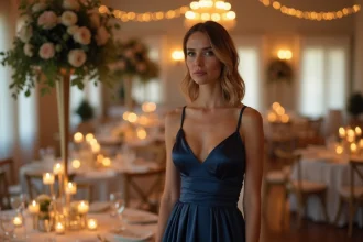 Femme en robe de soirée longue en satin bleu marine lors d'une réception de mariage élégante